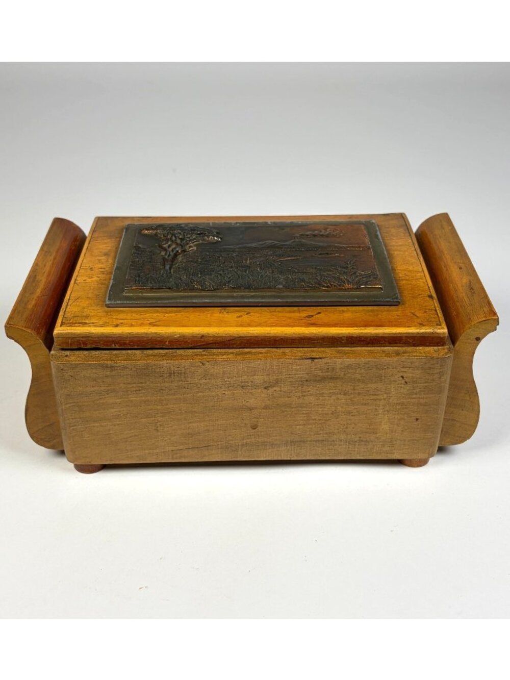 Vintage Wooden Cigarette Box with Metal Inset Plaque of Bay of Naples Hinged Lid